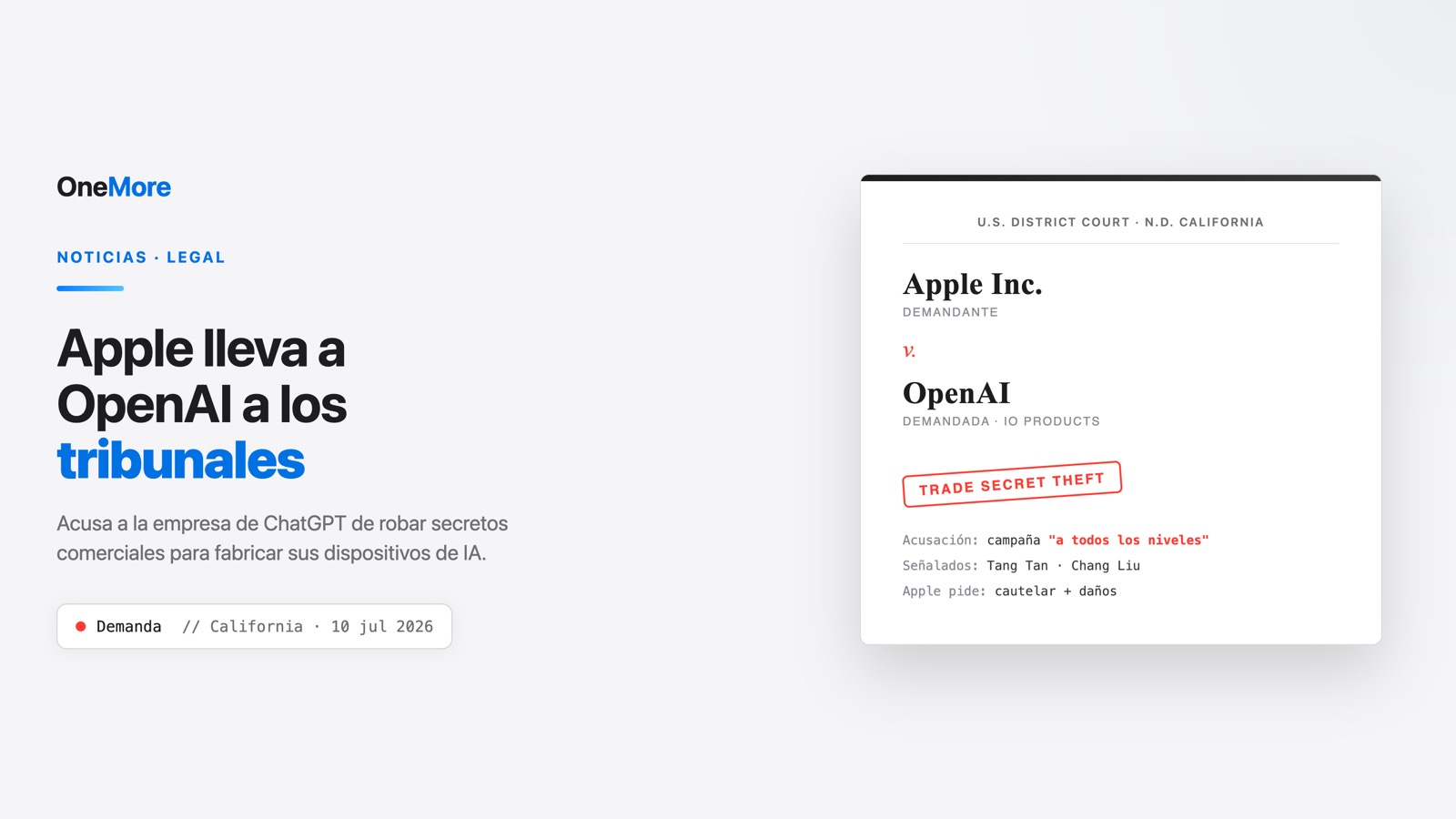 Apple demanda a OpenAI: acusa a la empresa de ChatGPT de robar secretos para fabricar sus dispositivos