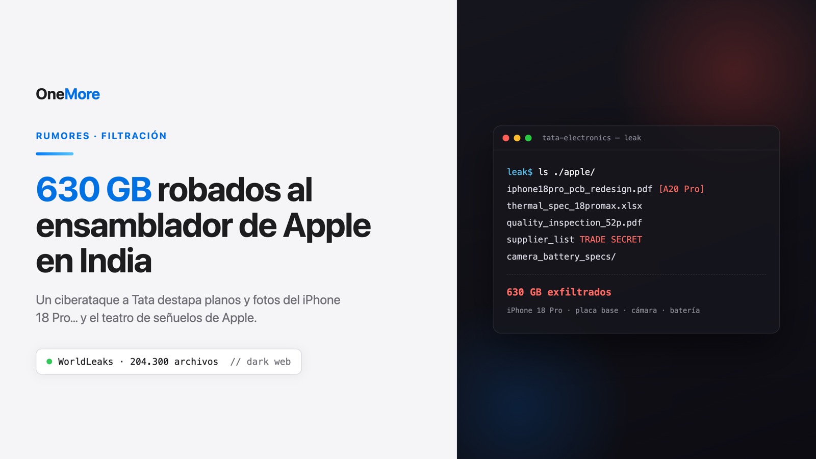 Roban 630 GB a Tata, el ensamblador indio de Apple: se filtran datos del iPhone 18 Pro